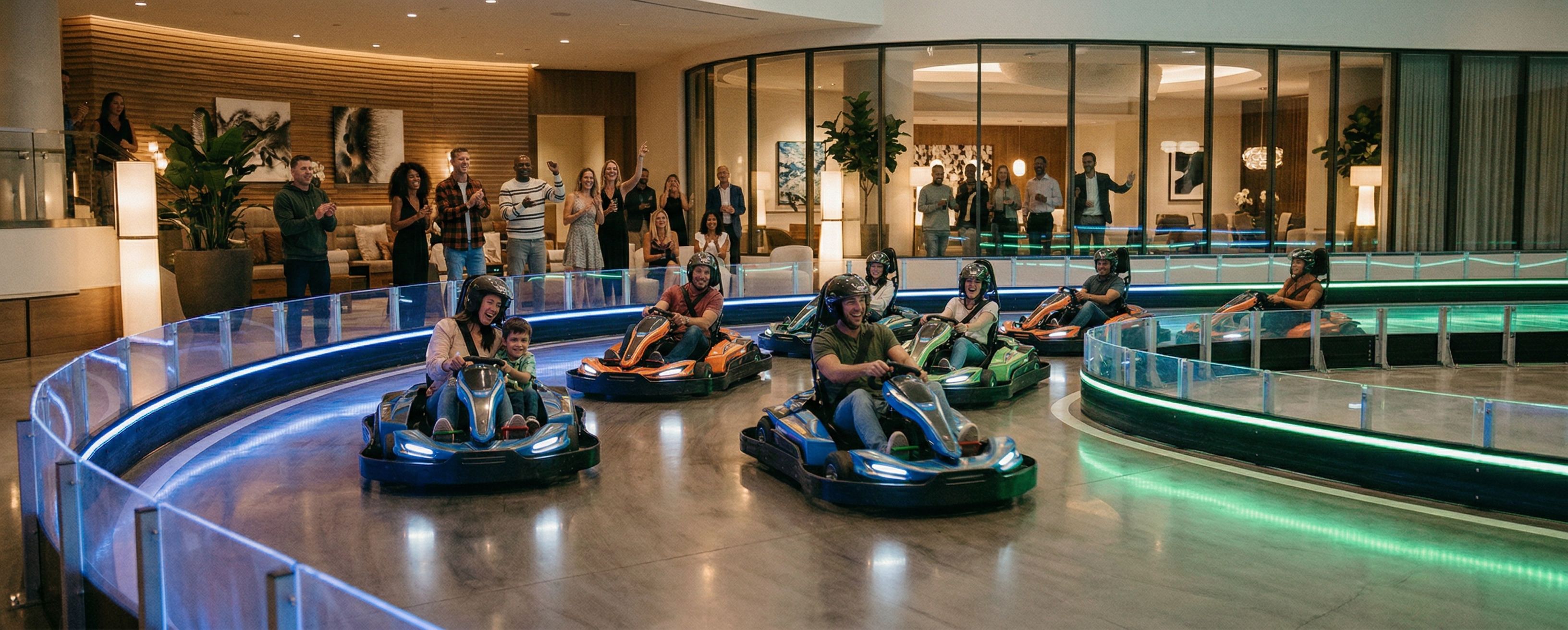 Diverse families racing electric go-karts on a sleek indoor track inside a luxury resort entertainment wing