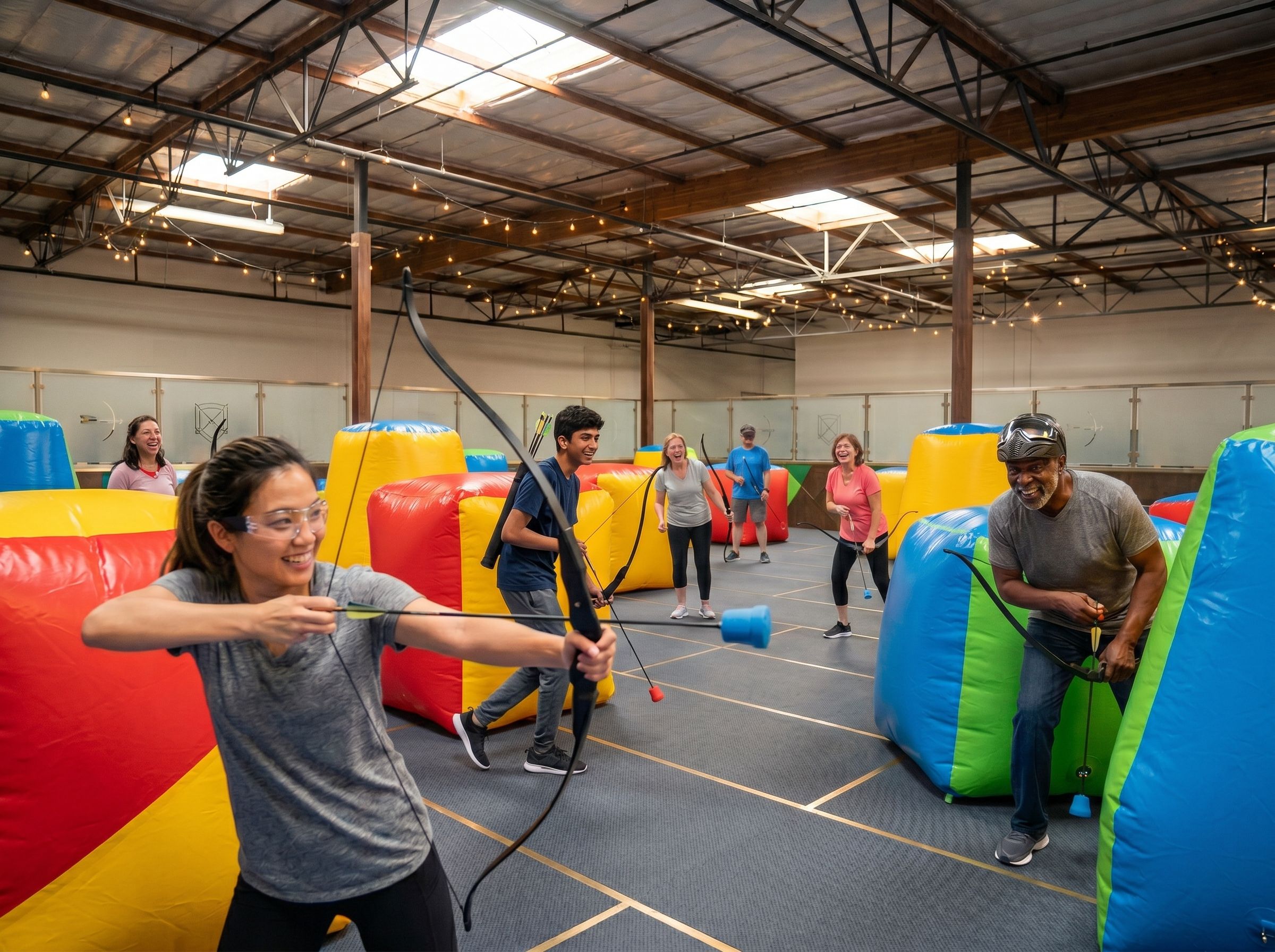 Multigenerational group playing archery tag with foam-tipped arrows and inflatable bunkers in a converted resort banquet space