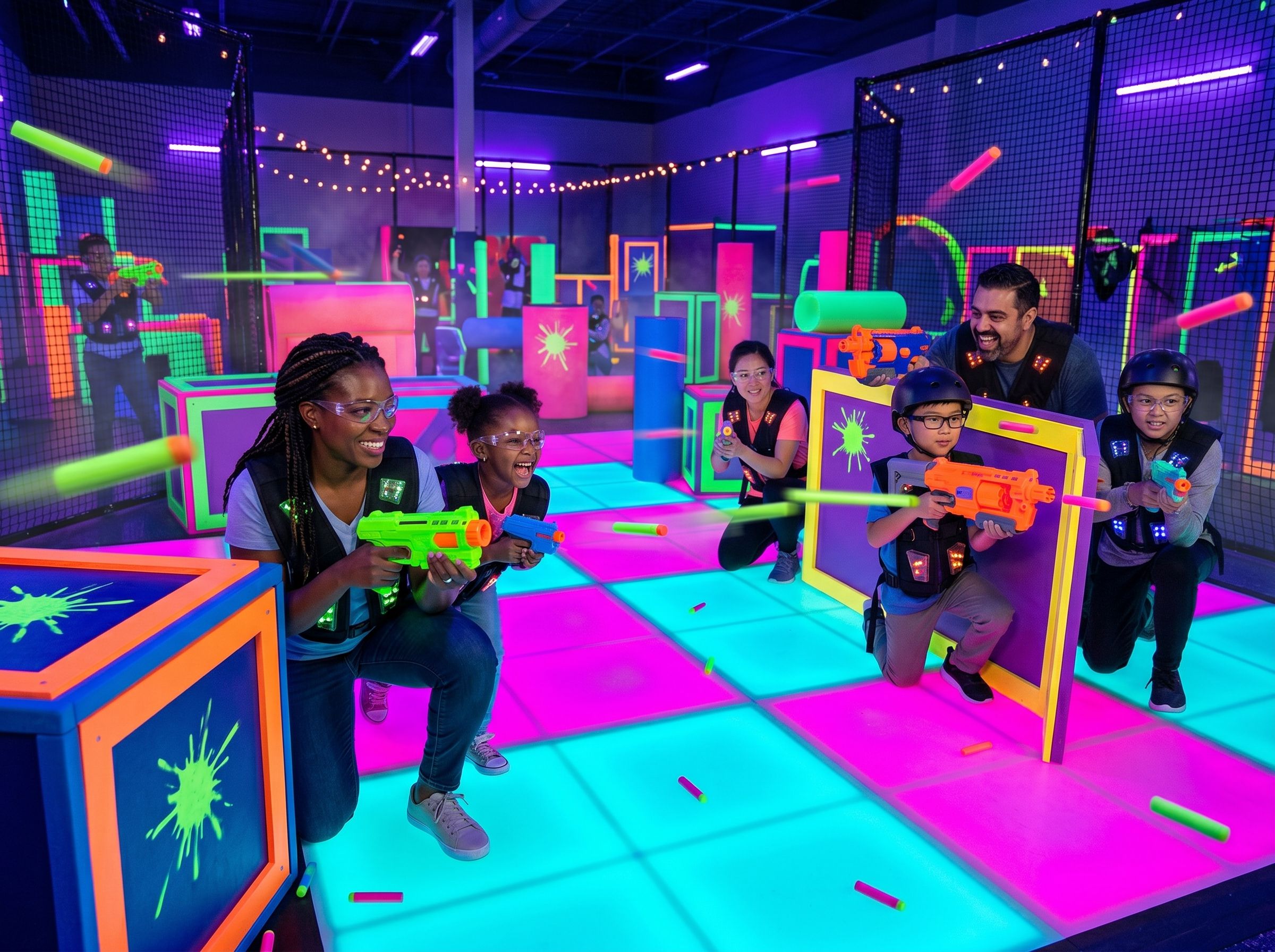 Families in bright Nerf-style foam battle arena with obstacle course and glowing floor lighting at a family entertainment venue