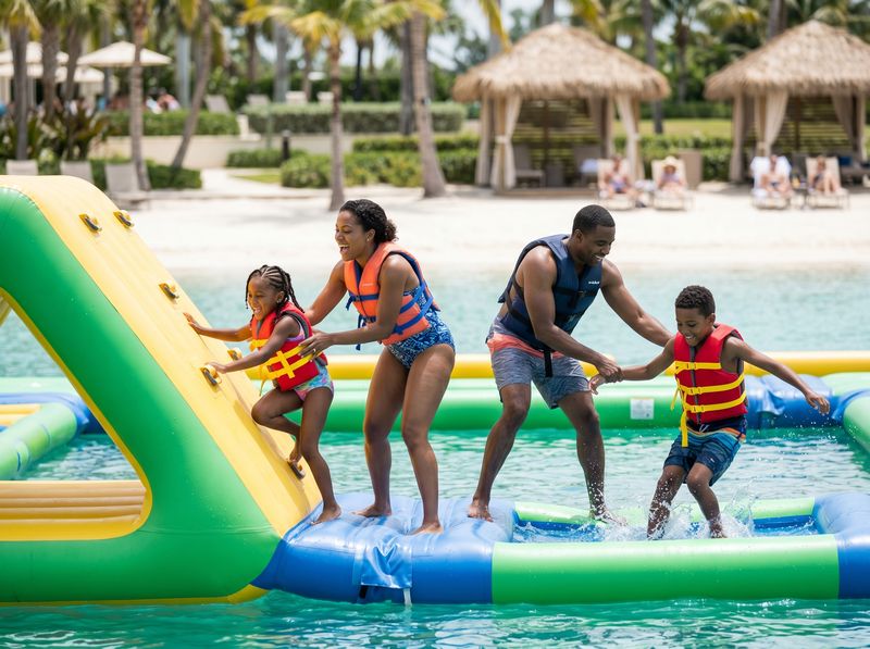Multigenerational family climbing an inflatable floating obstacle course on a resort lagoon
