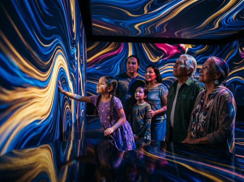 Family inside a projection-mapped immersive digital-art room surrounded by flowing light