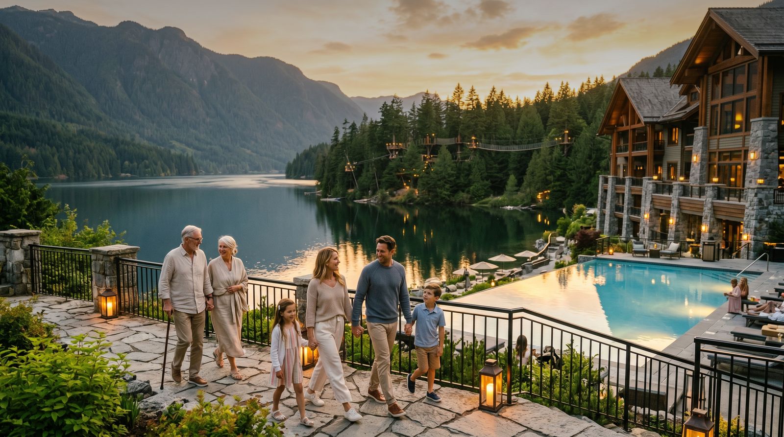 Mountain-lake resort at golden hour with a family on the terrace and treetop adventure platforms across the water
