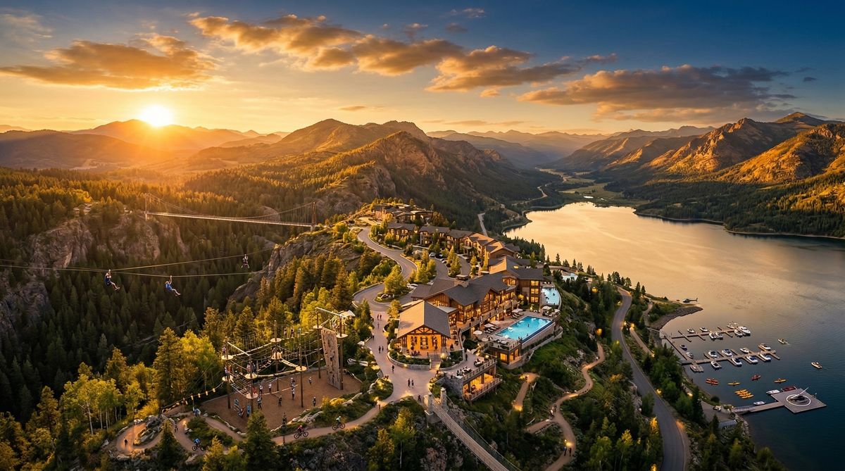Aerial view of a destination resort at golden hour